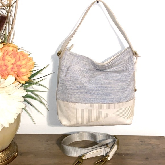 Fossil Maya Hobo Canvas Leather Cream Light Blue Crossbody - Picture 4 of 17